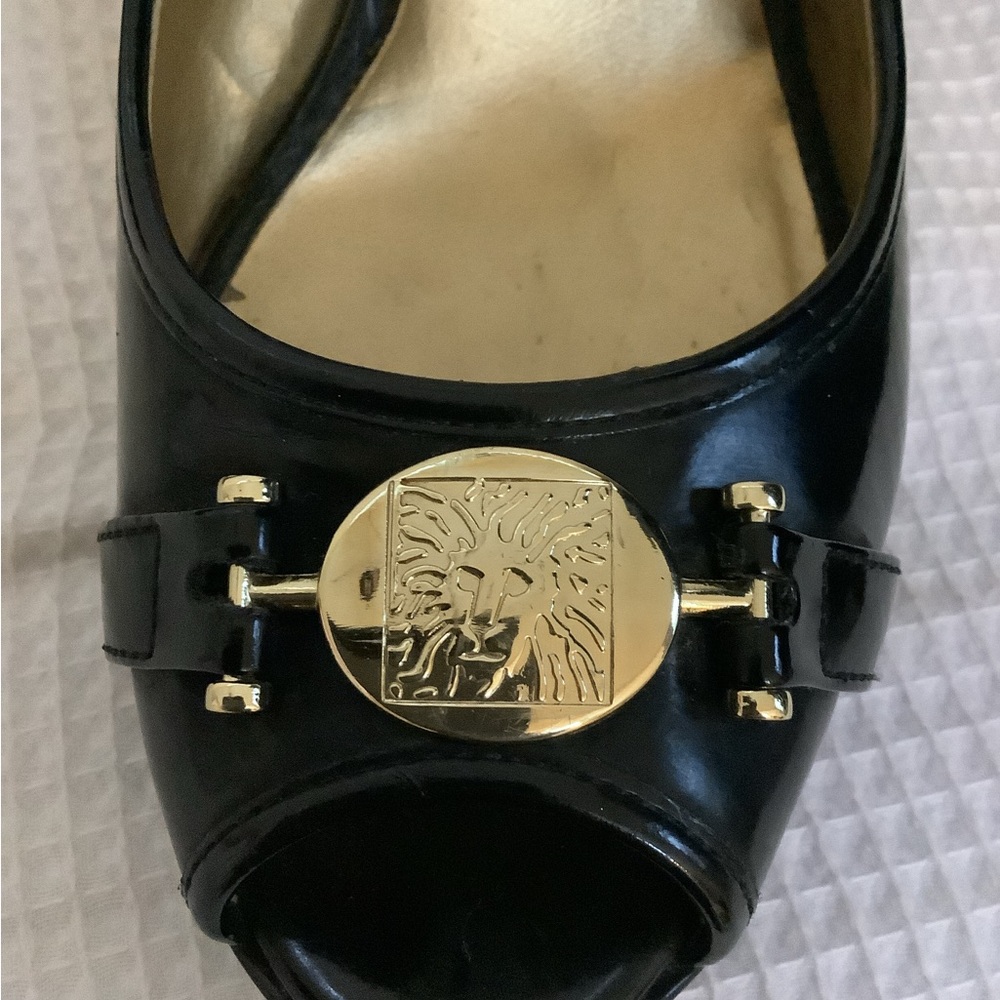 Anne Klein Heels Black Patent Leather Open Toe Heels Gold Details I-flex